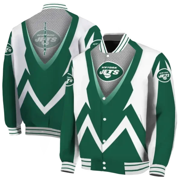 personalized new york jets v stripes green white varsity jacket fashion forward