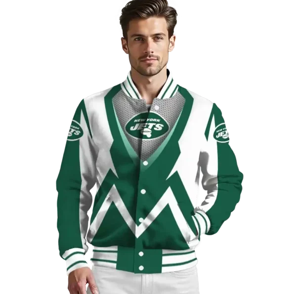 personalized new york jets v stripes green white varsity jacket high quality