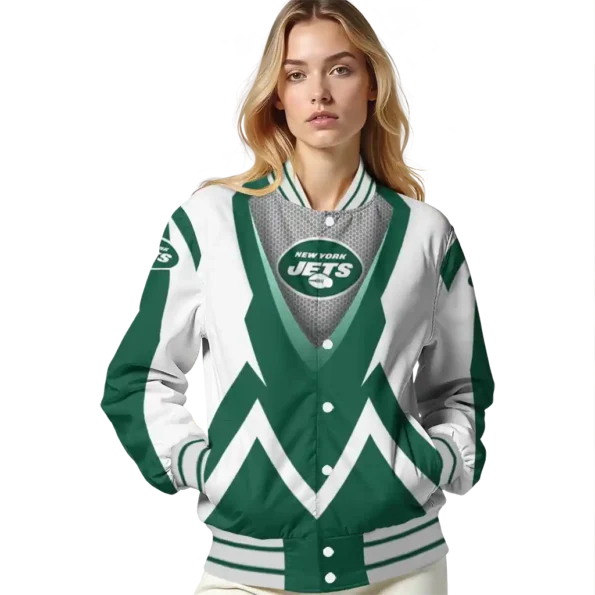 personalized new york jets v stripes green white varsity jacket latest model