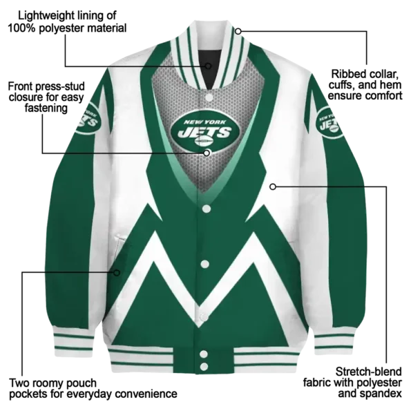 personalized new york jets v stripes green white varsity jacket new arrival