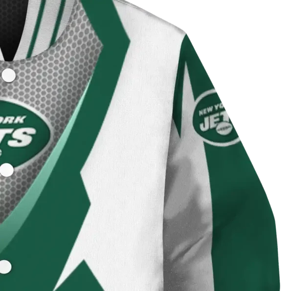 personalized new york jets v stripes green white varsity jacket premium grade