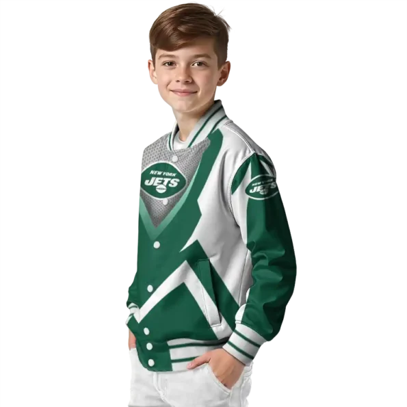 personalized new york jets v stripes green white varsity jacket trendy