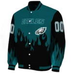 personalized philadelphia eagles flame border green black varsity jacket best selling