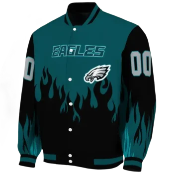 personalized philadelphia eagles flame border green black varsity jacket best selling