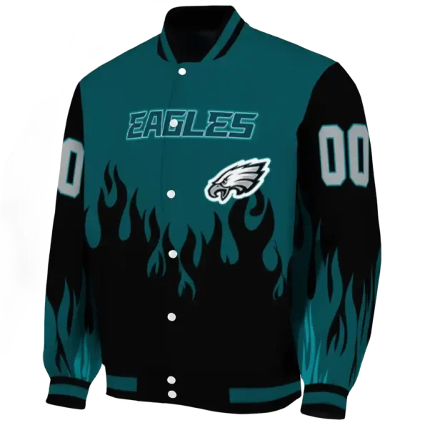 personalized philadelphia eagles flame border green black varsity jacket best selling