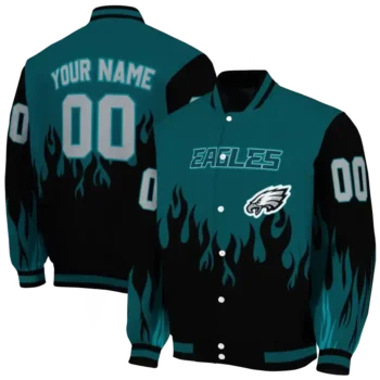 personalized philadelphia eagles flame border green black varsity jacket fashion forward