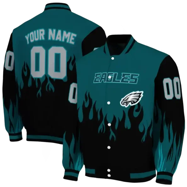 personalized philadelphia eagles flame border green black varsity jacket fashion forward