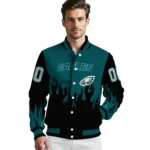 personalized philadelphia eagles flame border green black varsity jacket best selling