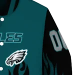 personalized philadelphia eagles flame border green black varsity jacket best selling