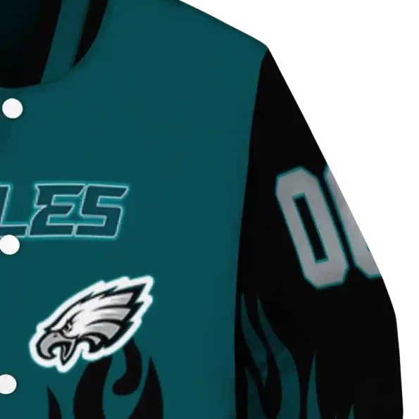 personalized philadelphia eagles flame border green black varsity jacket premium grade