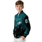 personalized philadelphia eagles flame border green black varsity jacket best selling