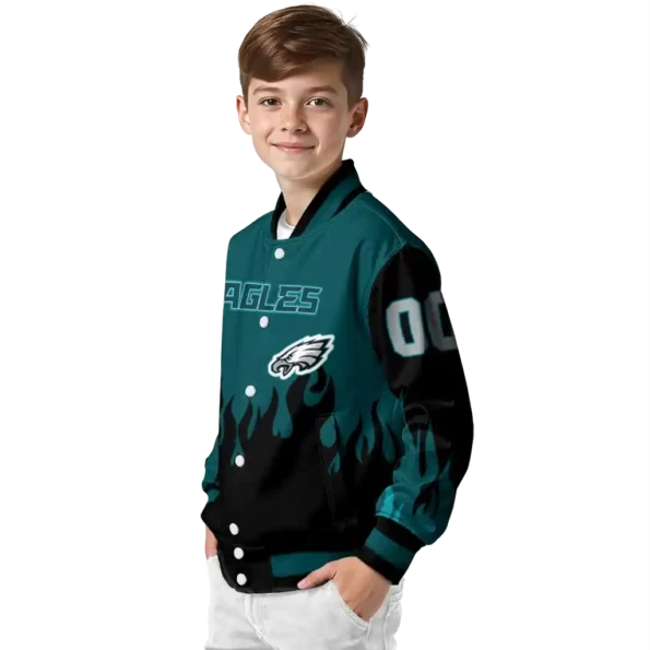 personalized philadelphia eagles flame border green black varsity jacket trendy