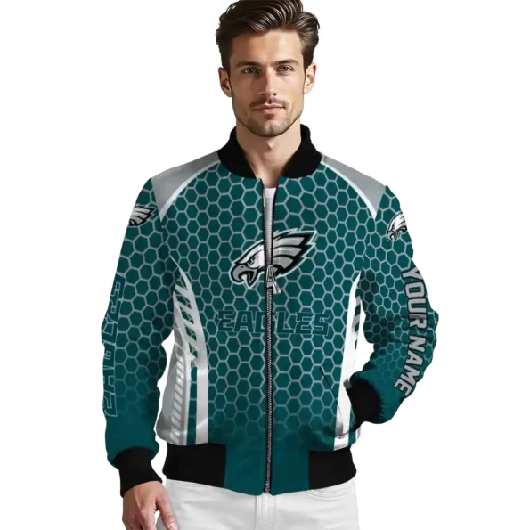 personalized philadelphia eagles hexagon grid green bomber jacket high quality