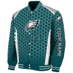 personalized philadelphia eagles hexagon grid green varsity jacket best selling