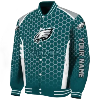 personalized philadelphia eagles hexagon grid green varsity jacket best selling