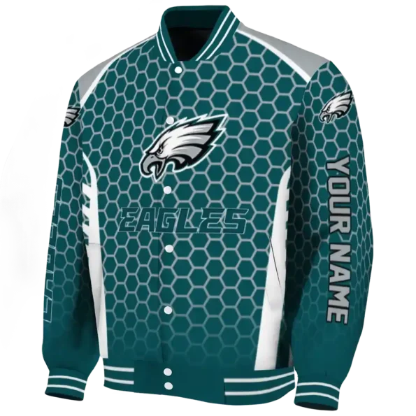 personalized philadelphia eagles hexagon grid green varsity jacket best selling