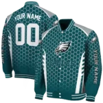 personalized philadelphia eagles hexagon grid green varsity jacket best selling