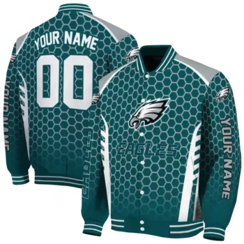 personalized philadelphia eagles hexagon grid green varsity jacket fashion forward