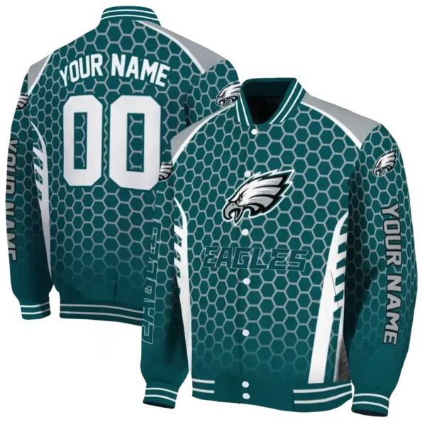 personalized philadelphia eagles hexagon grid green varsity jacket fashion forward