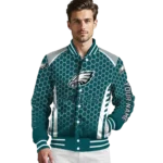 personalized philadelphia eagles hexagon grid green varsity jacket best selling
