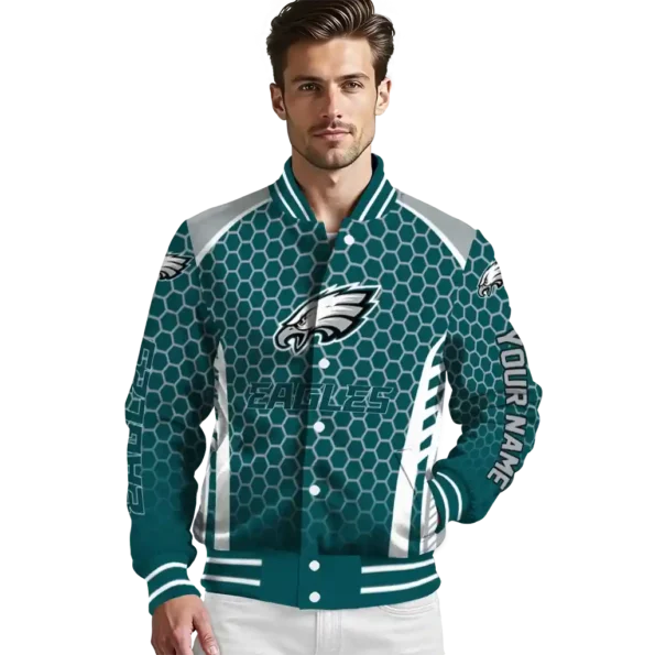 personalized philadelphia eagles hexagon grid green varsity jacket high quality