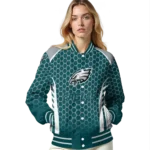 personalized philadelphia eagles hexagon grid green varsity jacket best selling
