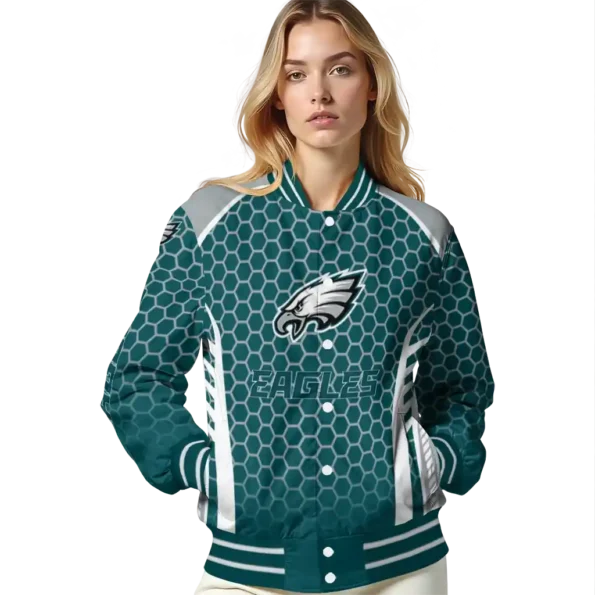 personalized philadelphia eagles hexagon grid green varsity jacket latest model