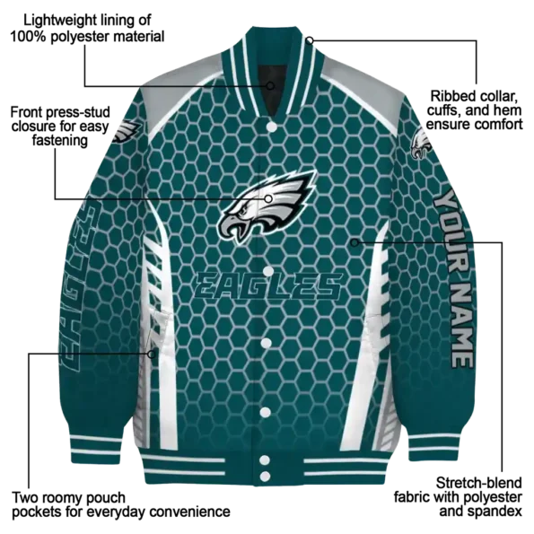 personalized philadelphia eagles hexagon grid green varsity jacket new arrival