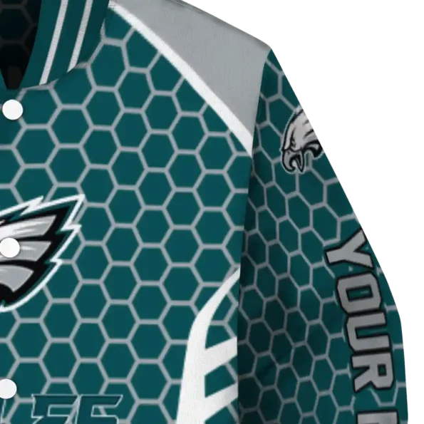 personalized philadelphia eagles hexagon grid green varsity jacket premium grade