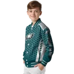 personalized philadelphia eagles hexagon grid green varsity jacket best selling