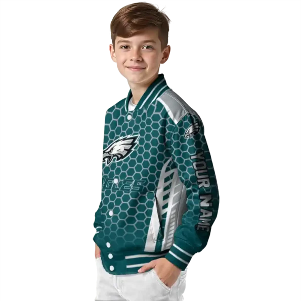 personalized philadelphia eagles hexagon grid green varsity jacket trendy