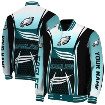 personalized philadelphia eagles mesh effect green black varsity jacket fashion forward