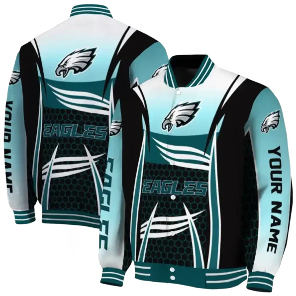 personalized philadelphia eagles mesh effect green black varsity jacket fashion forward