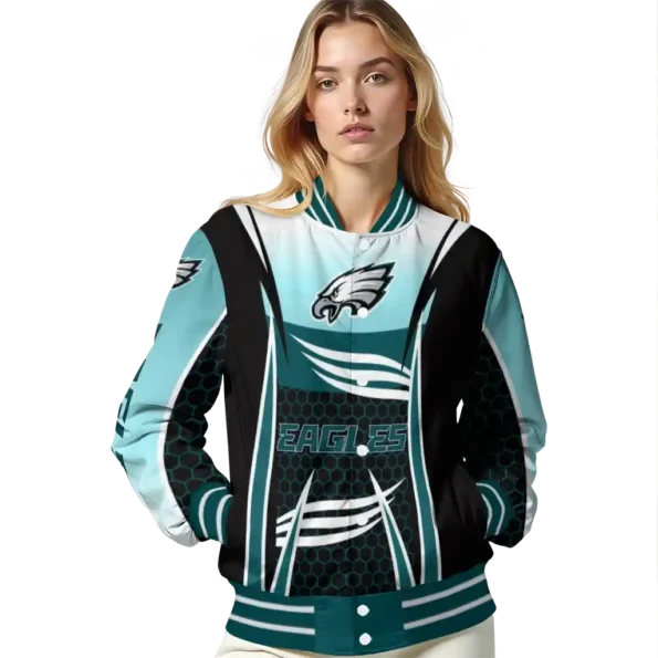 personalized philadelphia eagles mesh effect green black varsity jacket latest model