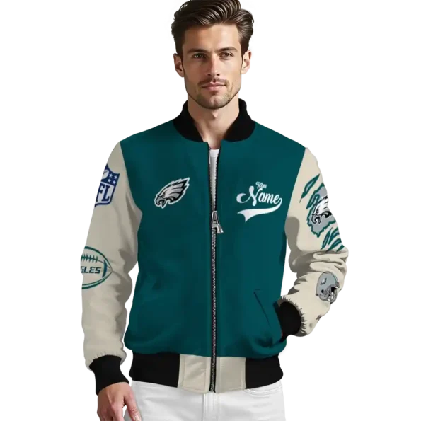 personalized philadelphia eagles razorback outline green nude bomber jacket high quality