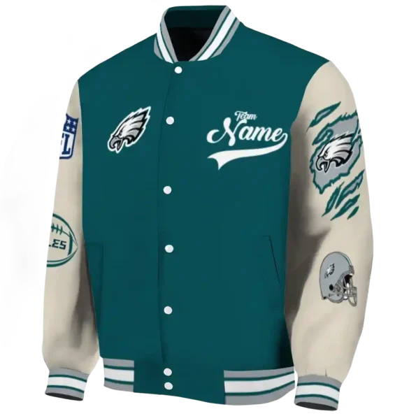 personalized philadelphia eagles razorback outline green nude varsity jacket best selling
