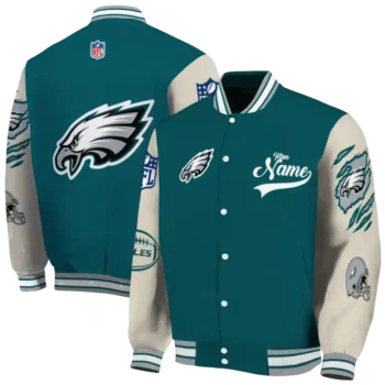 personalized philadelphia eagles razorback outline green nude varsity jacket fashion forward