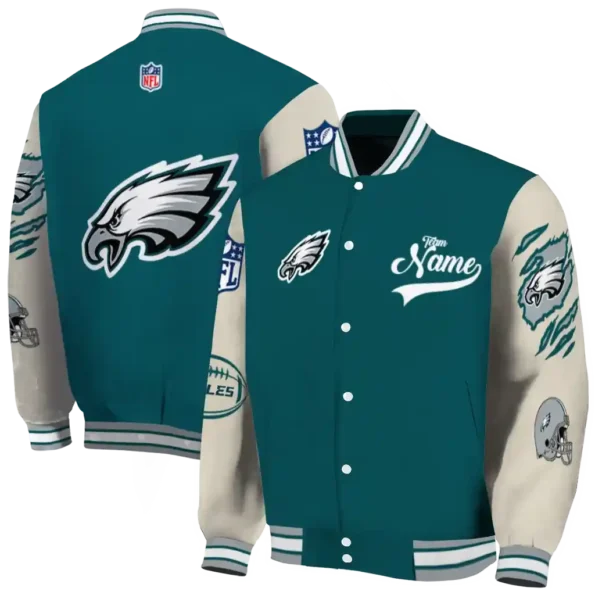 personalized philadelphia eagles razorback outline green nude varsity jacket fashion forward