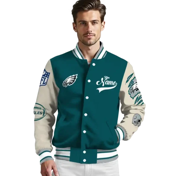 personalized philadelphia eagles razorback outline green nude varsity jacket high quality