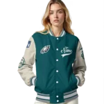 personalized philadelphia eagles razorback outline green nude varsity jacket best selling