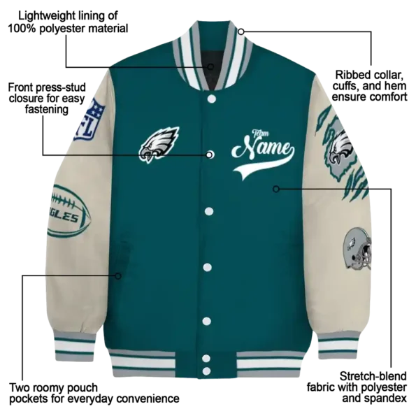 personalized philadelphia eagles razorback outline green nude varsity jacket new arrival