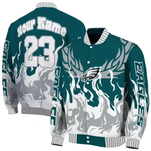 personalized philadelphia eagles winged blaze green white varsity jacket fashion forward