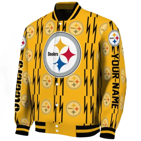 personalized pittsburgh steelers bolt stripe gold varsity jacket best selling