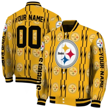 personalized pittsburgh steelers bolt stripe gold varsity jacket fashion forward