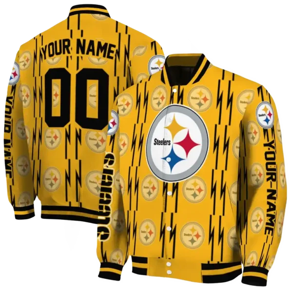 personalized pittsburgh steelers bolt stripe gold varsity jacket fashion forward