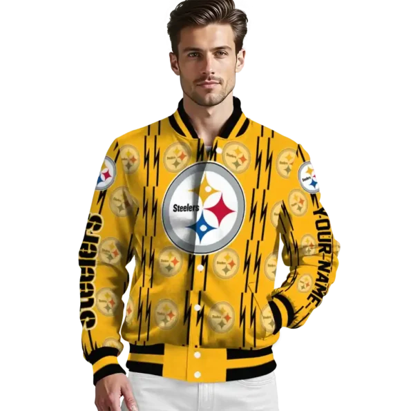 personalized pittsburgh steelers bolt stripe gold varsity jacket high quality