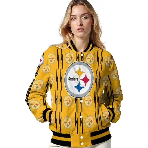 personalized pittsburgh steelers bolt stripe gold varsity jacket latest model