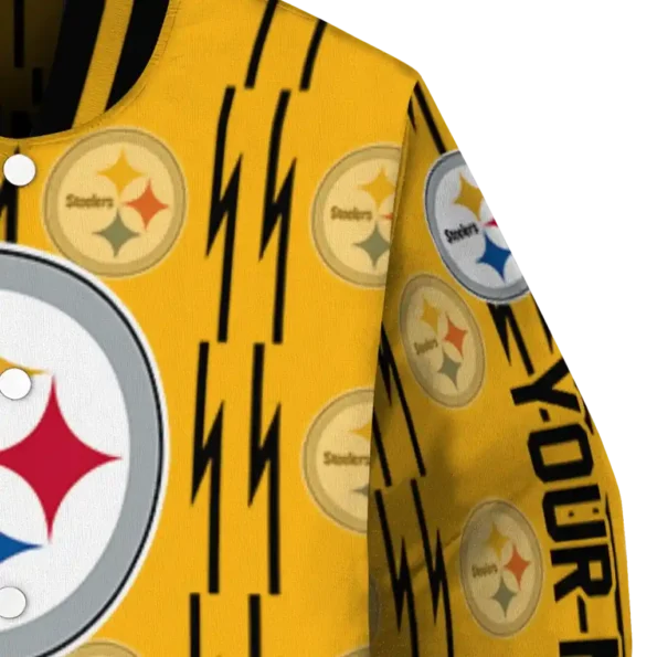 personalized pittsburgh steelers bolt stripe gold varsity jacket premium grade