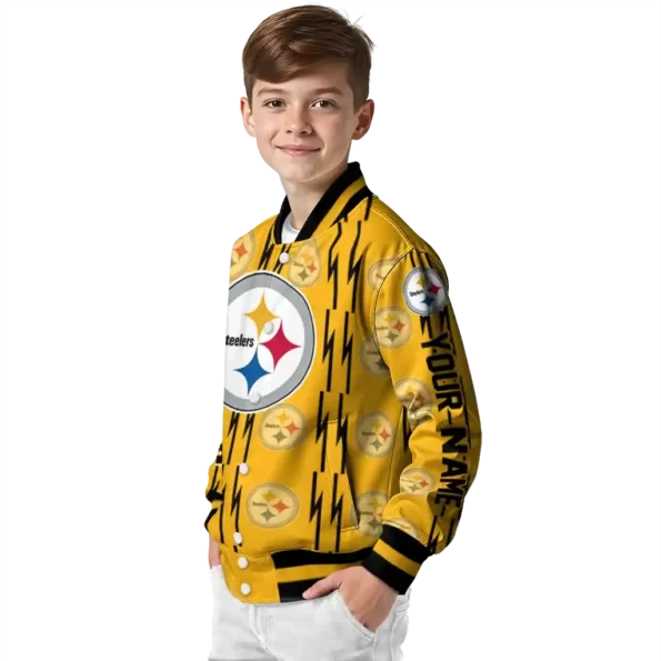 personalized pittsburgh steelers bolt stripe gold varsity jacket trendy