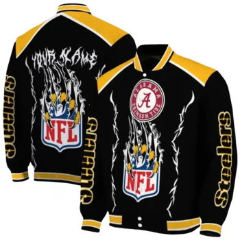 personalized pittsburgh steelers claw blood gold black varsity jacket fashion forward